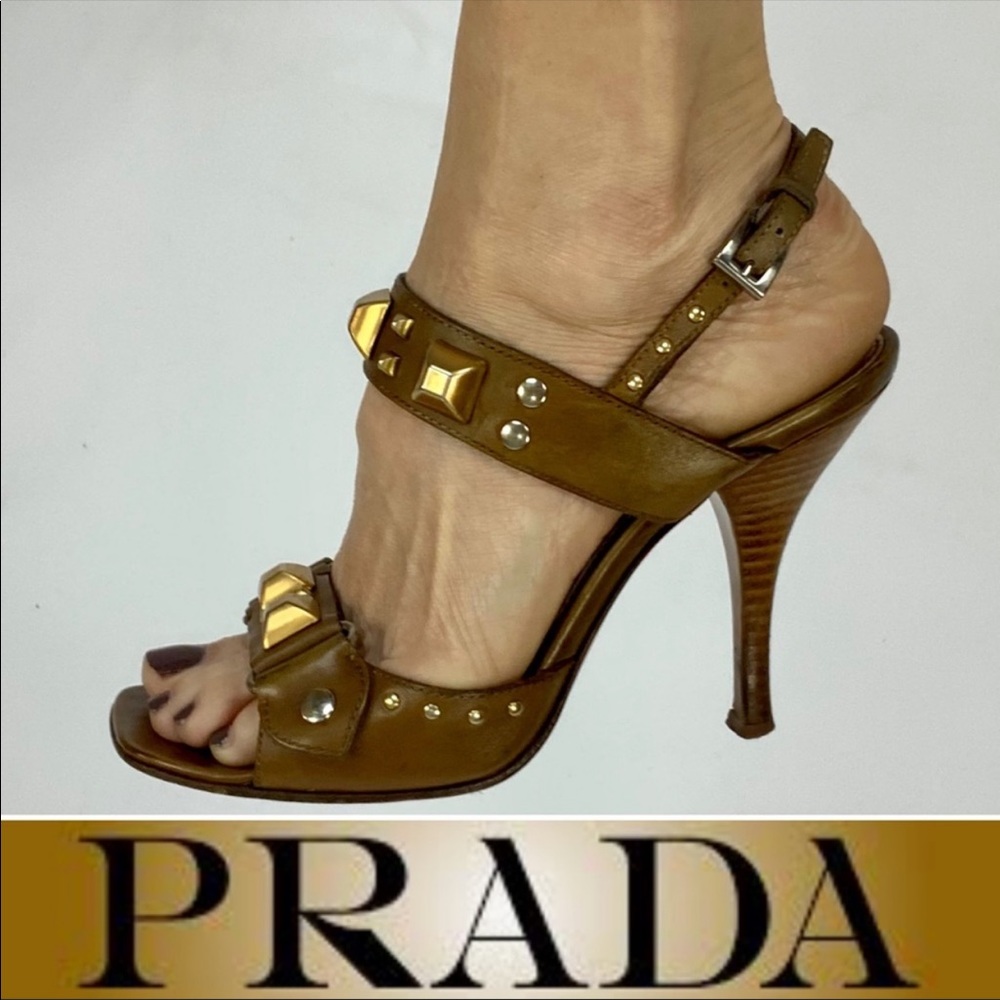 PRADA brass studded strappy heels